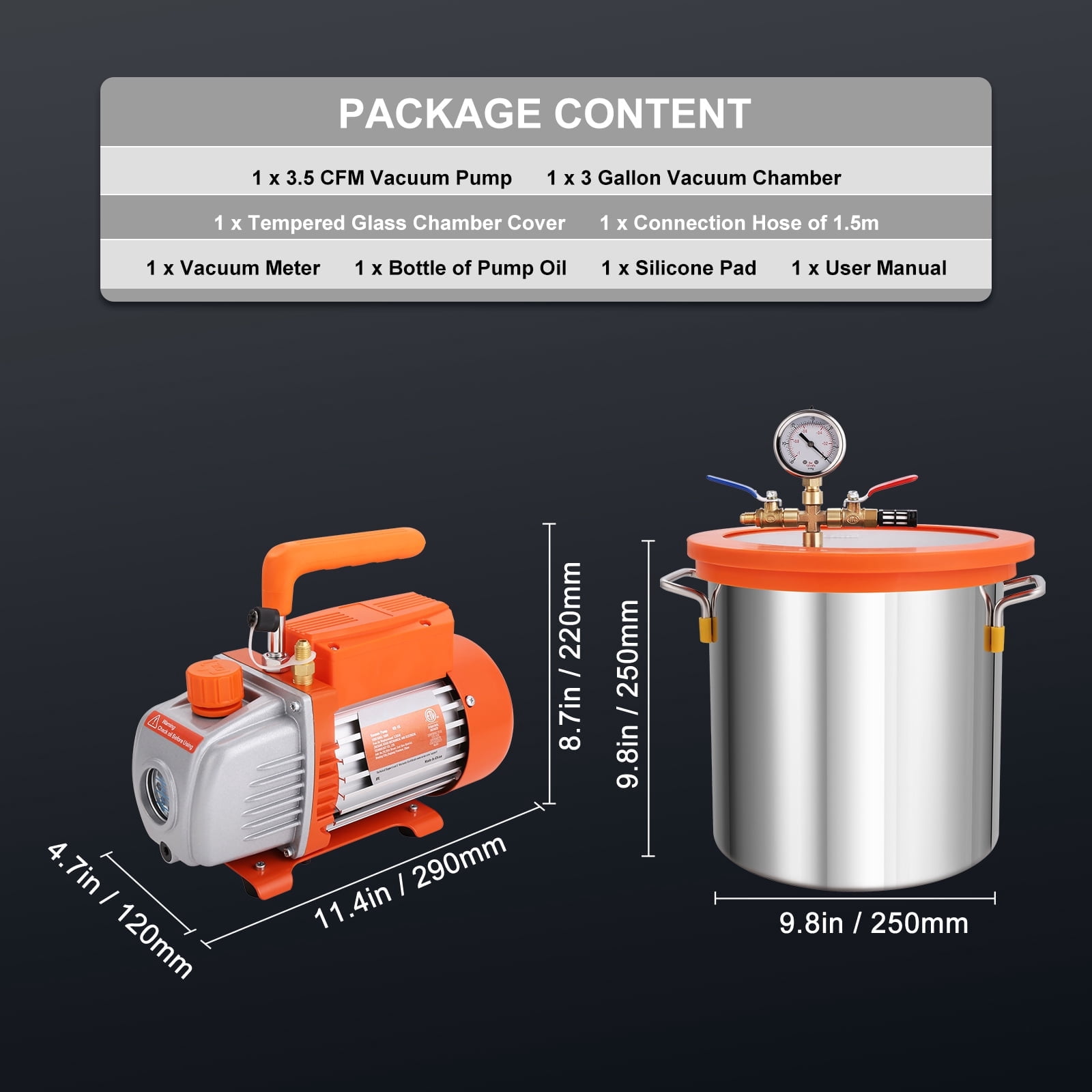 SKYSHALO 3 Gallon Degassing Chamber & 3.5 CFM Single Stage Pump Set, with Tempered Glass Top, Includes 250 ml Oil, Ideal for Wood Stabilization and Silicone & Epoxy Degassing
