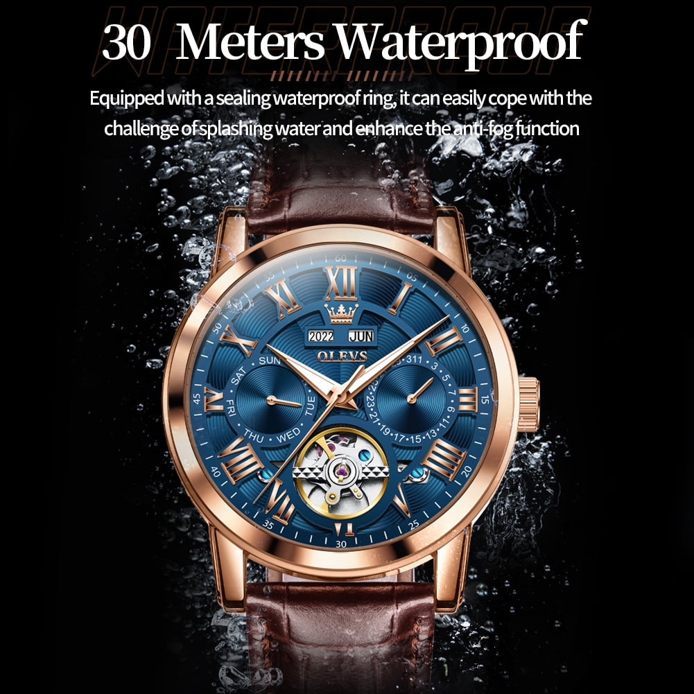 OLEVS Automatic Watches for Men Self Winding Mechanical Skeleton Flywheel Multifunction Luxury Dress Roma Rumerals Calendar Waterproof Luminous Men Wrist Watches Leather