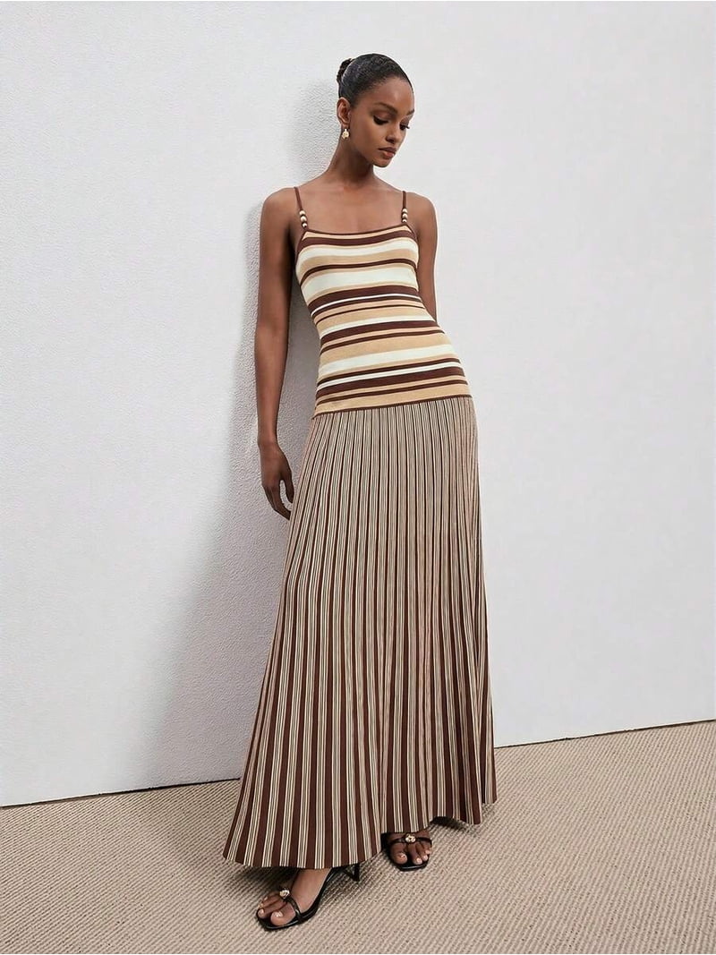 Women's Striped Knit Camisole Dress With Beaded Shoulder Straps