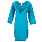 Mogul Woman's Blue Tunic Dress Kurta Neck Embroidery Cotton Long Kurti M