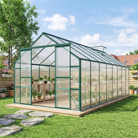 Outsunny 16' x 8' Aluminum Greenhouse Polycarbonate Walk-in Garden Greenhouse Kit with Adjustable Roof Vent, Rain Gutter and Sliding Door, Clear