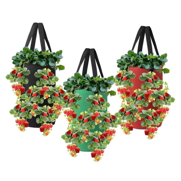WHIFEA 3 Pack Hanging Strawberry Grow Bags, 13-Hole Breathable Planting Bags, Reusable Non-Woven Fabric Planter Pots for Garden Balcony Patio, Black & Green & Red