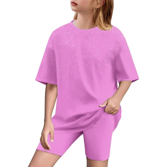 Girl 2 Piece Outfits Toddler Girl Clothes Oversized Short Sleeve T Shirt Active Running Bike Short Sets 5-15y