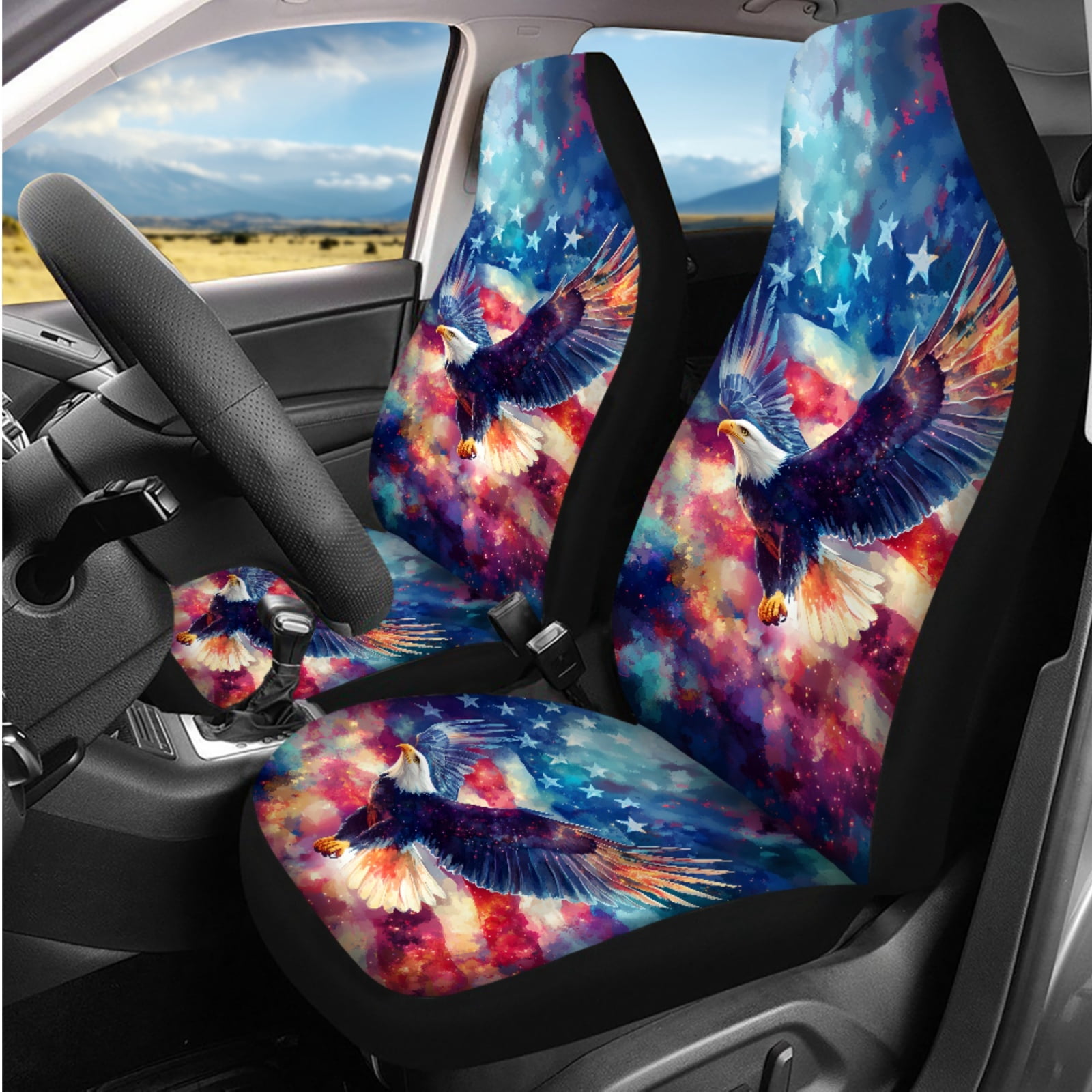 Binienty American Flag Bald Eagle Auto Seat Covers with Matching Automotive Armrest Cover Center Console Cushion Car Seat Belt Shoulder Strap Covers Keychain Vehicle Interior Decor Set​