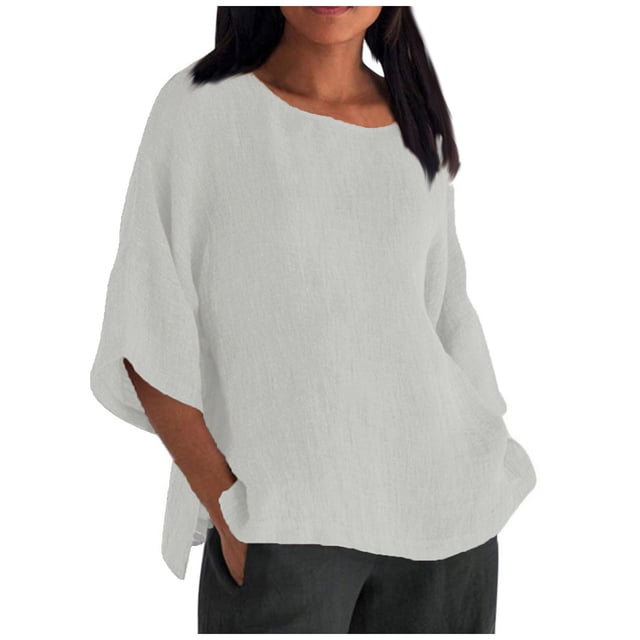 moda de las mujeres media manga cuello redondo color sólido camisa casual suelta top beige/s