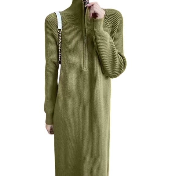 Women'S Elegant Long Sleeve Lapel Knitted Fall Winter Over-The-Knee Sweater Dress with Zipper Olive Color One Size