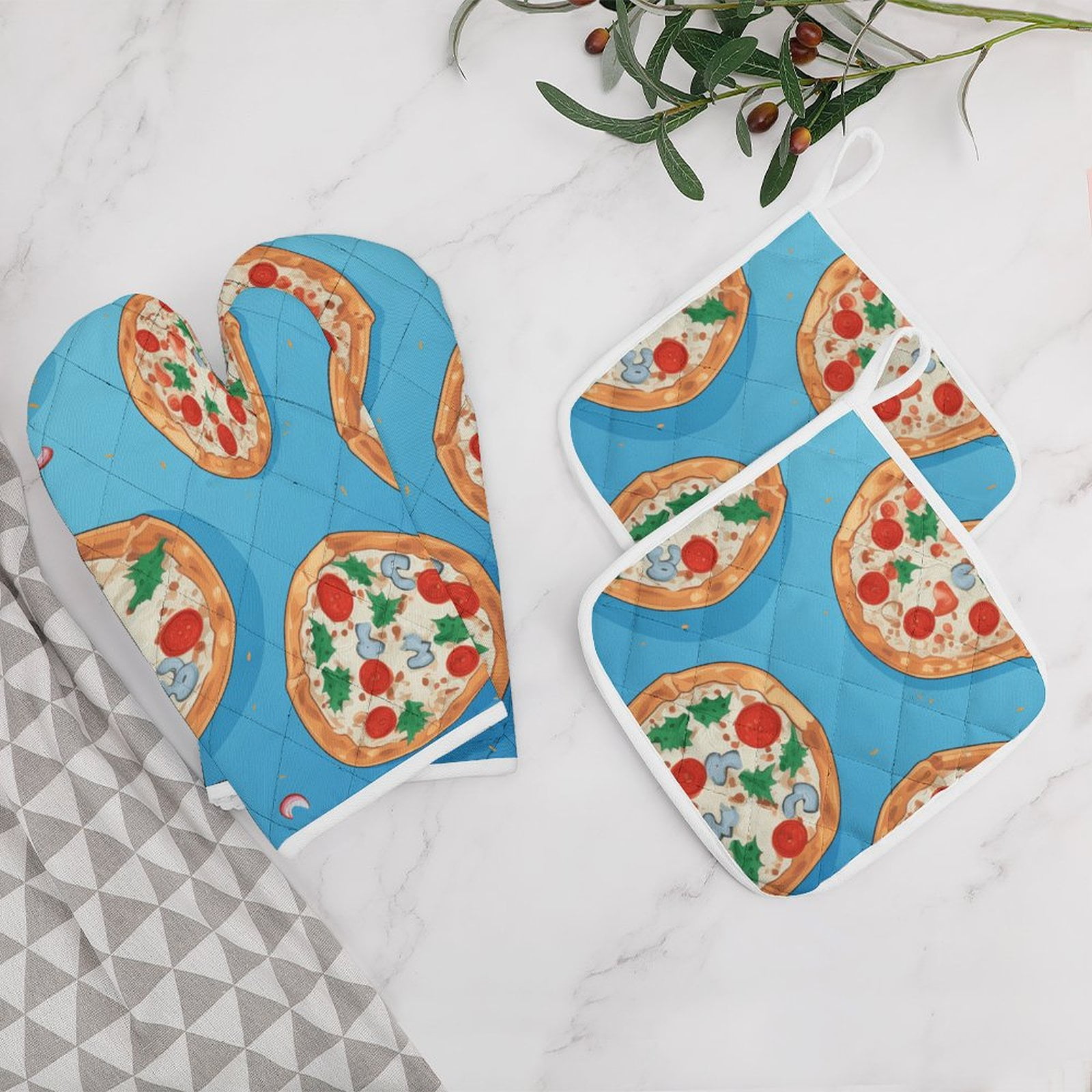 Fun Pizza Oven Mitt And Pot Holder Set Oven Glove for Kitchen Baking Cooking Grilling