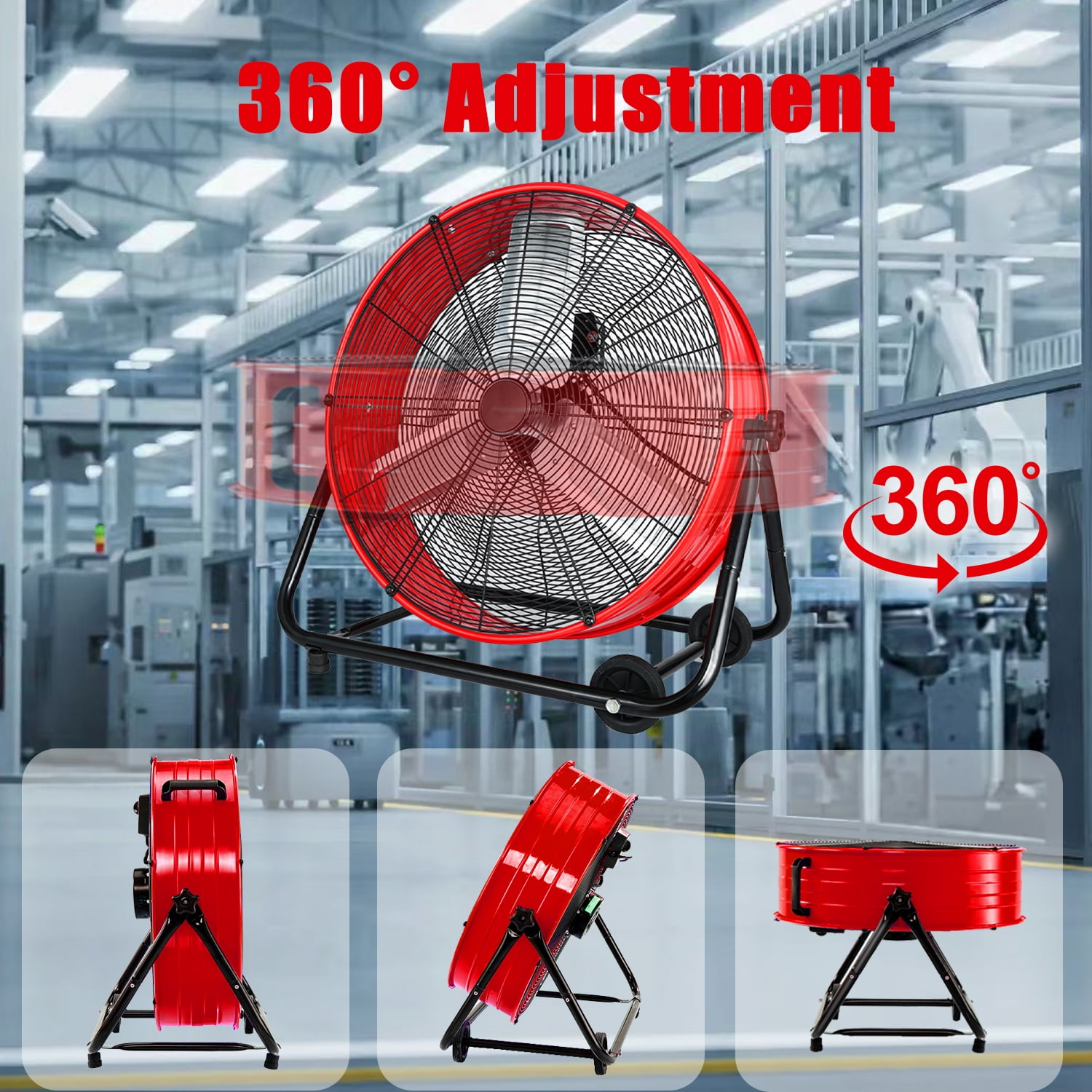 Industrial Fans 24" up to 8800 CFM, High Velocity Fan with 3 Speeds, Heavy Duty Blower Fan Equipped 360° Tilt Air Circulator Recommended Use in Warehouse, Garage, Yard, Red
