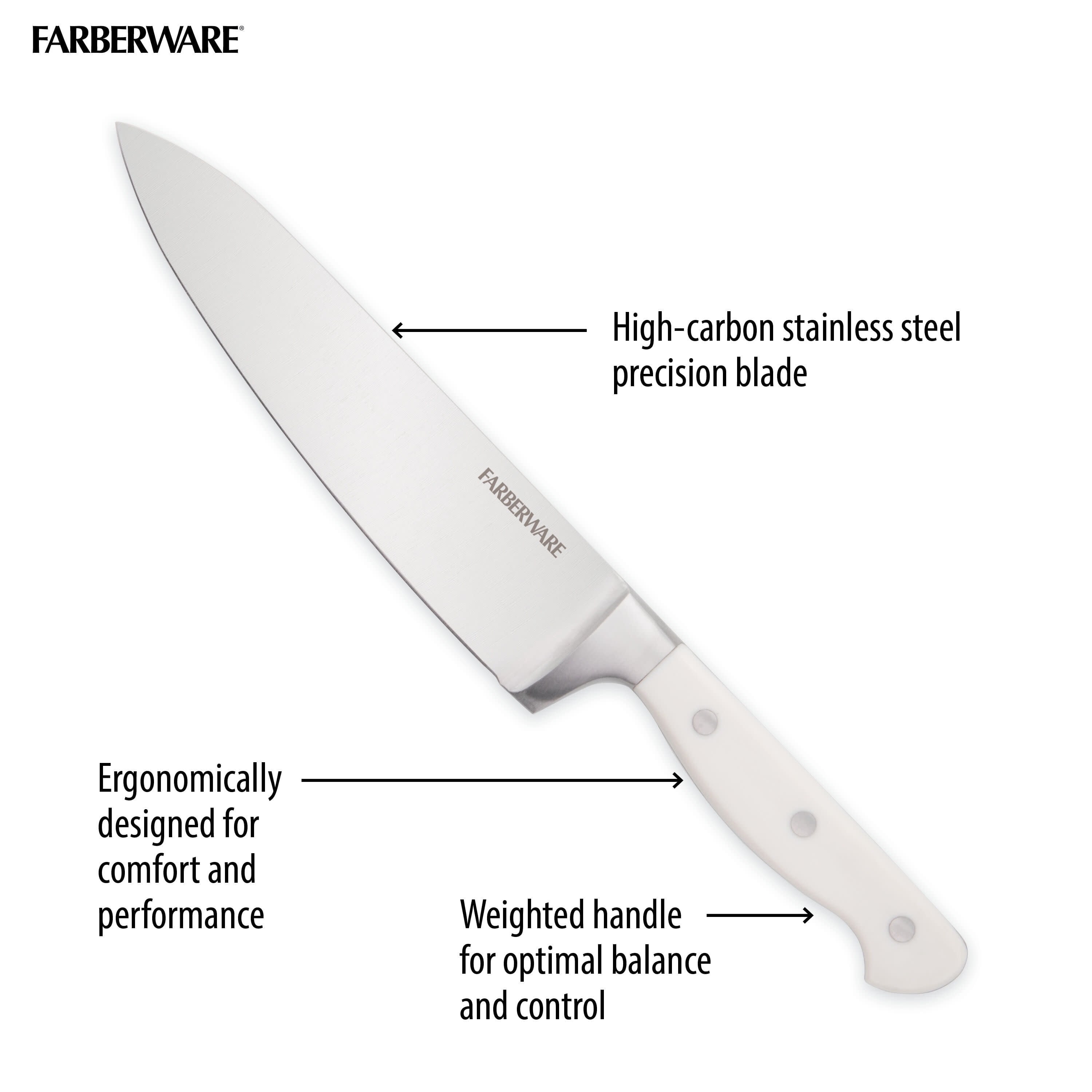 Farberware EdgeKeeper 14-Piece Forged Triple Rivet Kitchen Knife Set with Block, White
