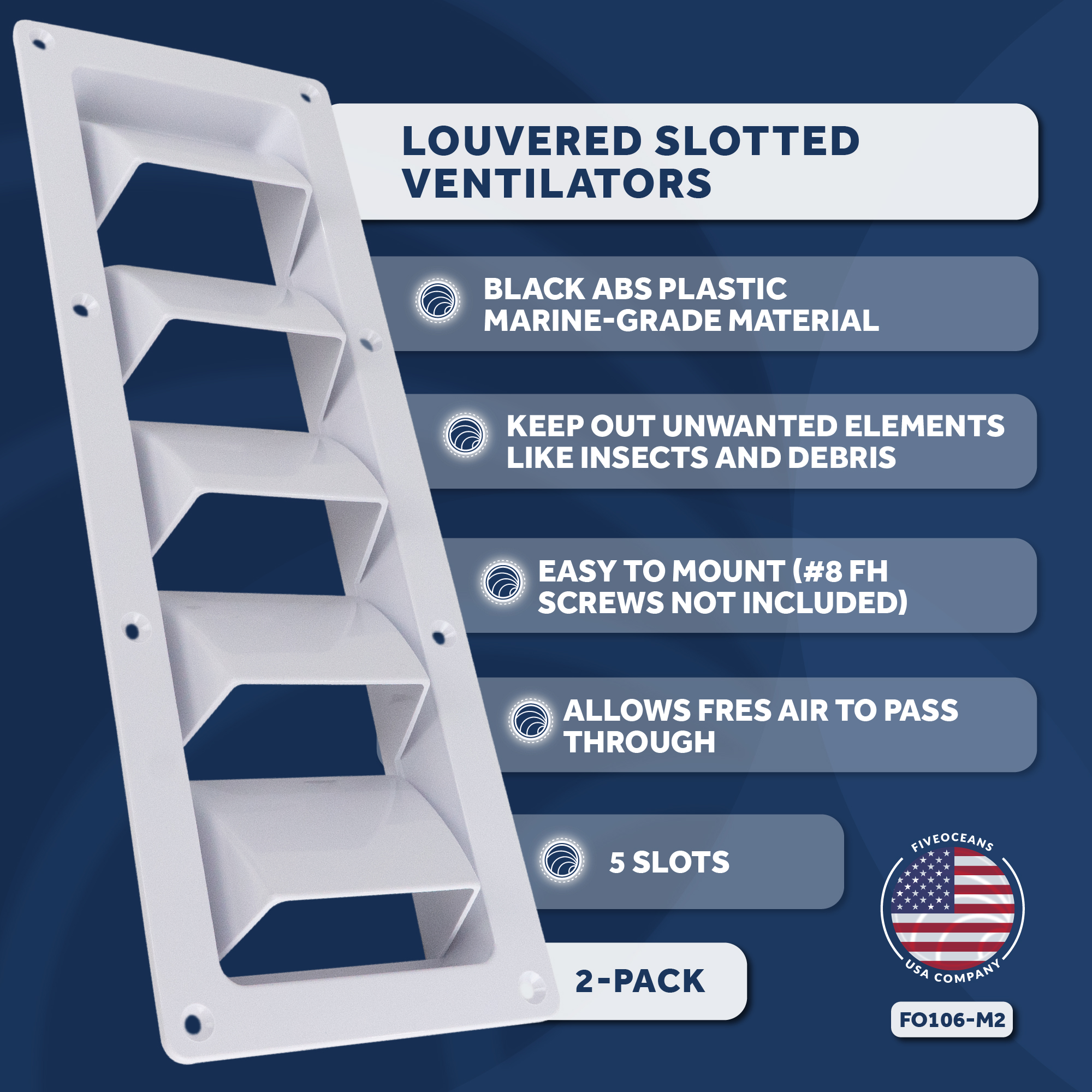 Five Oceans 5-Slotted Louvered Ventilators, 13-1/4-Inch x 4-3/4-Inch, White ABS Plastic, 2 Pack - FO106-M2