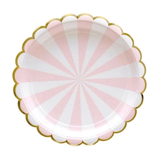 Assiettes en Papier Jetables Roses à Rayures en Feuille d'Or Rose Fournitures de Fête 9 Pouces Lot de 16