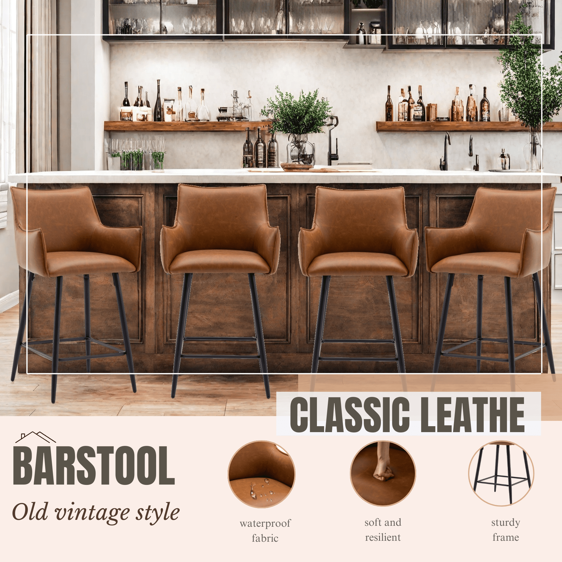 Dayalane 26" Counter Height Bar Stools Set of 2, Modern Faux Leather Upholstered Barstools with Back and Footrest, Kitchen Island Bar Stools with Armrests for Pub Home Bar Dining Room Bistro, Brown