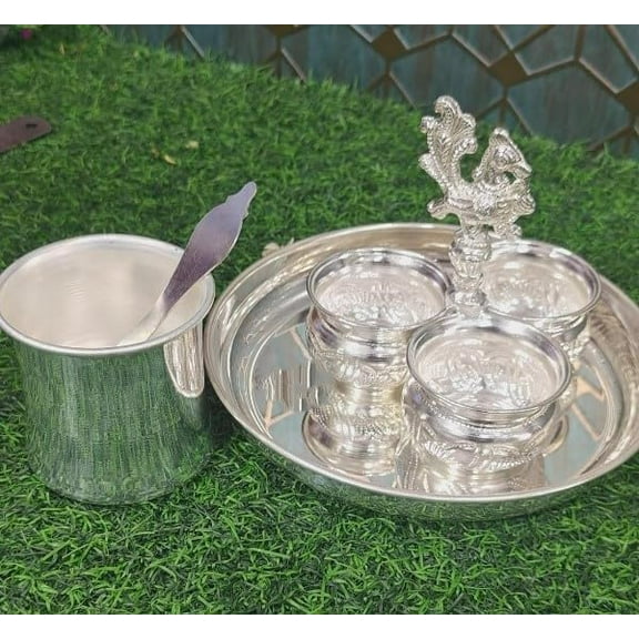 German silver small pooja thali set of 4 pieces for housewarming pooja