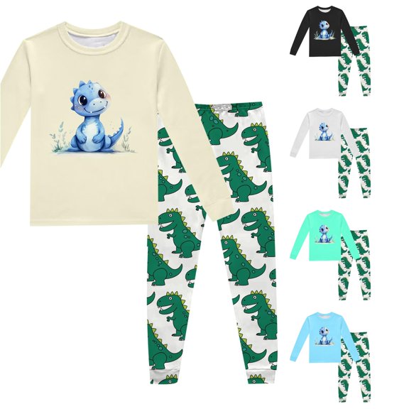 VOUZZA Kids Dinosaur Print Pajama Set Long Sleeve Top and Pants Two Piece Sleepwear for Boys Girls Toddler Kids PJs Loungewear Ages 2-9