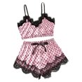 thumbnail image 1 of (Video disponible) Conjunto de pijama con tirantes y encaje empalmado para mujer, color rosa XL, ropa para el hogar, conjunto con estampado de puntos, 1 of 8