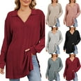 thumbnail image 5 of Nxznwn Womens Ribbed Knitted Shirts Long Sleeve Collared V Neck Split Hem T-Shirts Casual Comfy Loose Fit Fall Tunic Tops, 5 of 5