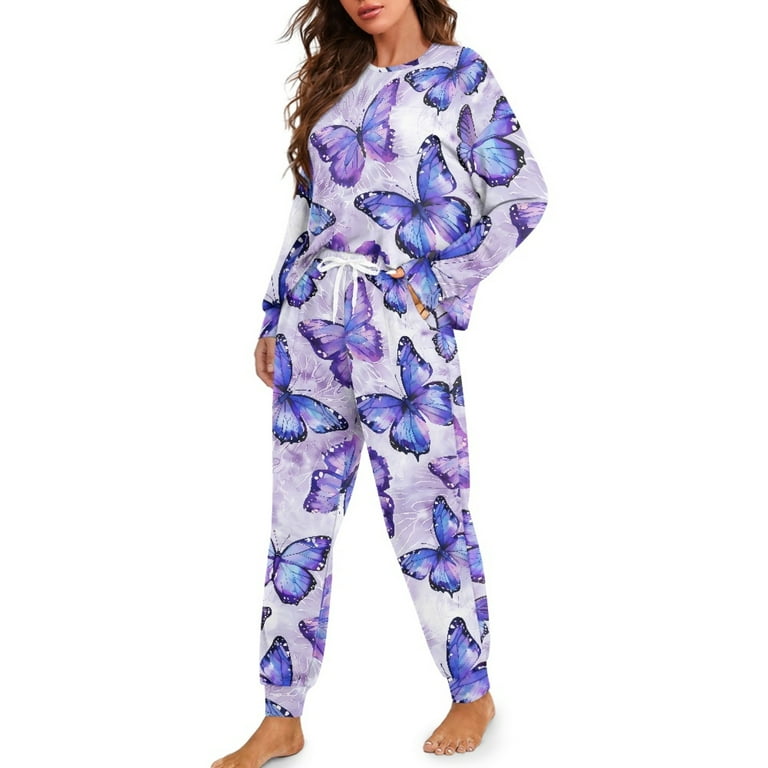 Yuyamidu Purple Butterfly Pajamas for Women Set Yoga Jogger
