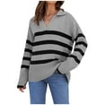 thumbnail image 1 of MeetoTime Pullover Sweater for Women Fall Casual Striped Long Sleeve Tops V-Neck Collared Loose Knit Sweaters, 1 of 7