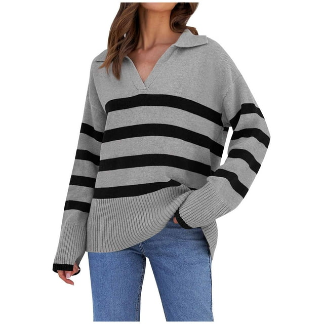 MeetoTime Pullover Sweater for Women Fall Casual Striped Long Sleeve Tops V-Neck Collared Loose Knit Sweaters