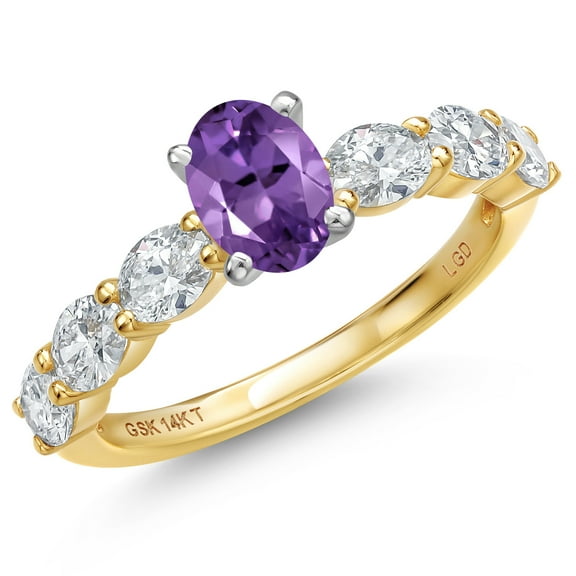 Gem Stone King 14K Two Tone Gold Purple Amethyst and Lab Grown Diamond Engagement Ring for Women | 1.35 Cttw | Oval 6X4MM | Gemstone February Birthstone | Size 7