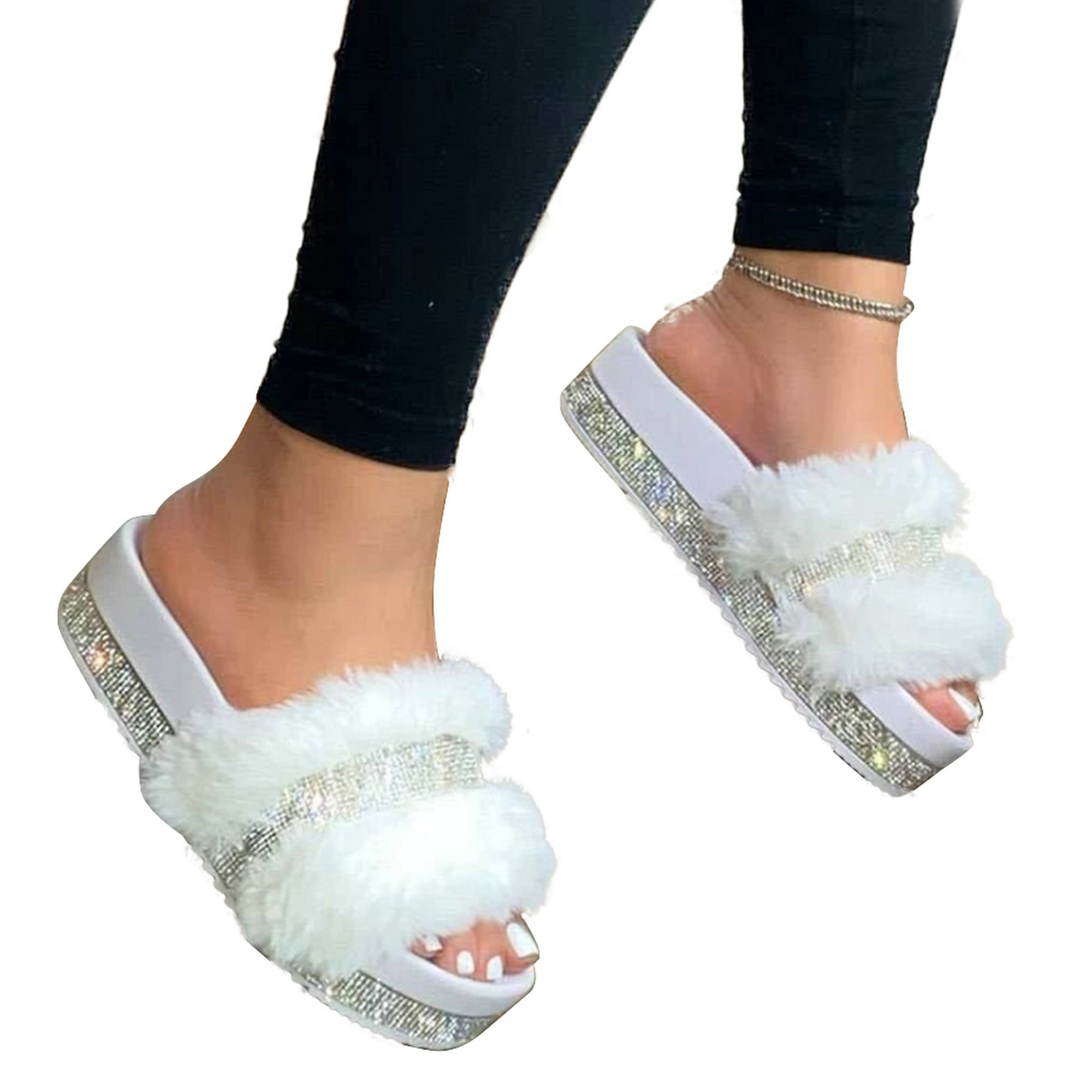 Women S Flat Fluffy Slippers Winter Faux Fur Open Toe Cross Over Mules Shoes 