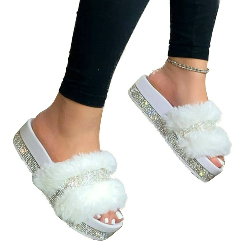 Wodstyle - Women's Rhinestone Faux Fur Slippers Platform Flat Shoes ...