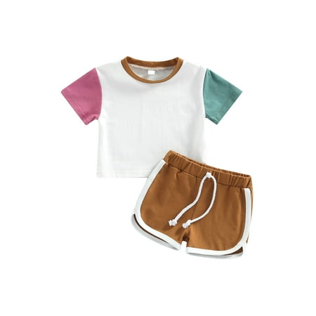 

Calsunbaby 2Pcs Toddler Baby Boys Clothes Sets Contrast Color Round Neck Short Sleeve T-Shirt + Tie-Up Shorts Multicolor 18-24 Months