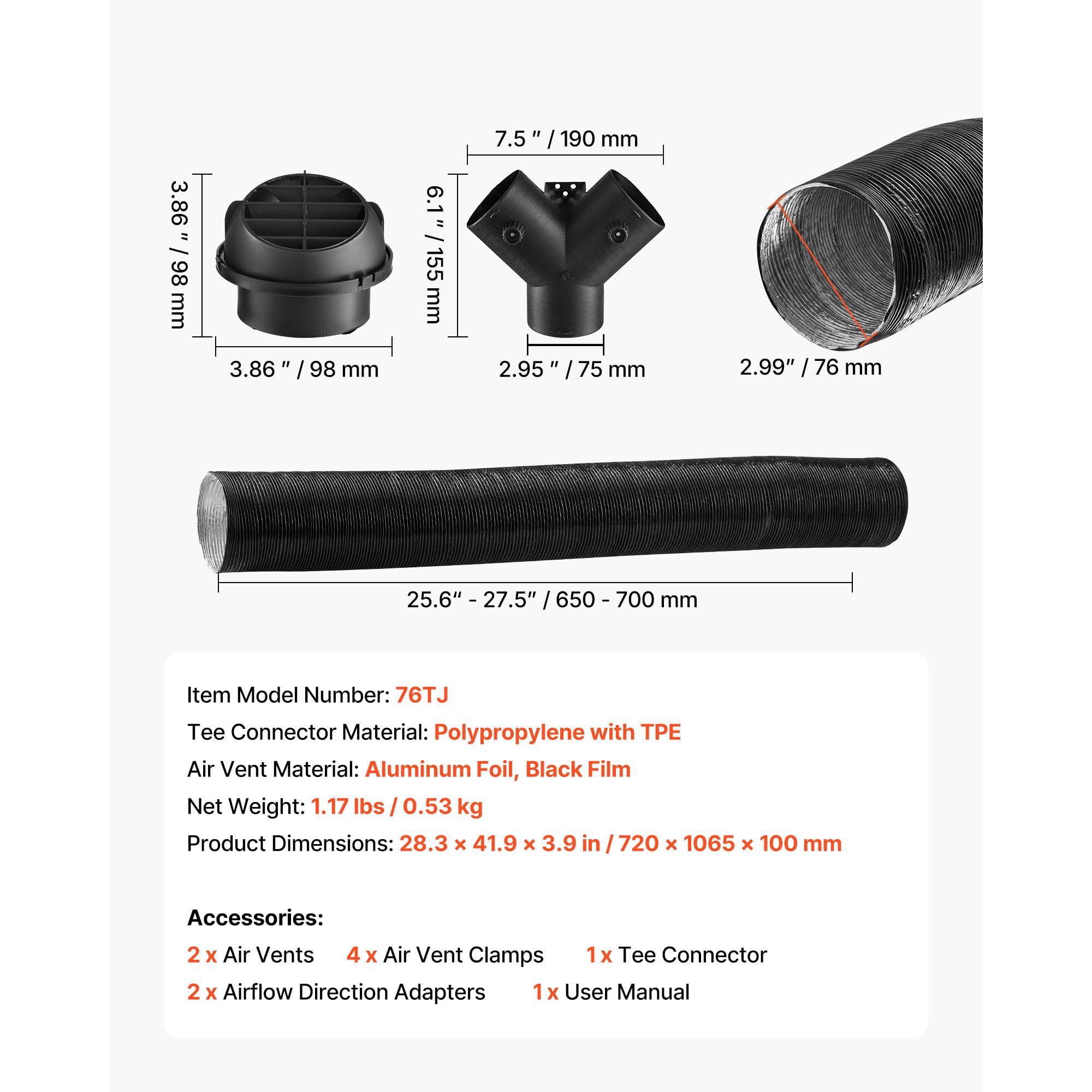 Complete Ducting Set with Y-Branch Connector, Hose Clips Air Pipes Flow Adapters Clamps, Full Ventilation Kit for Dryer Bathroom Fan Vent System