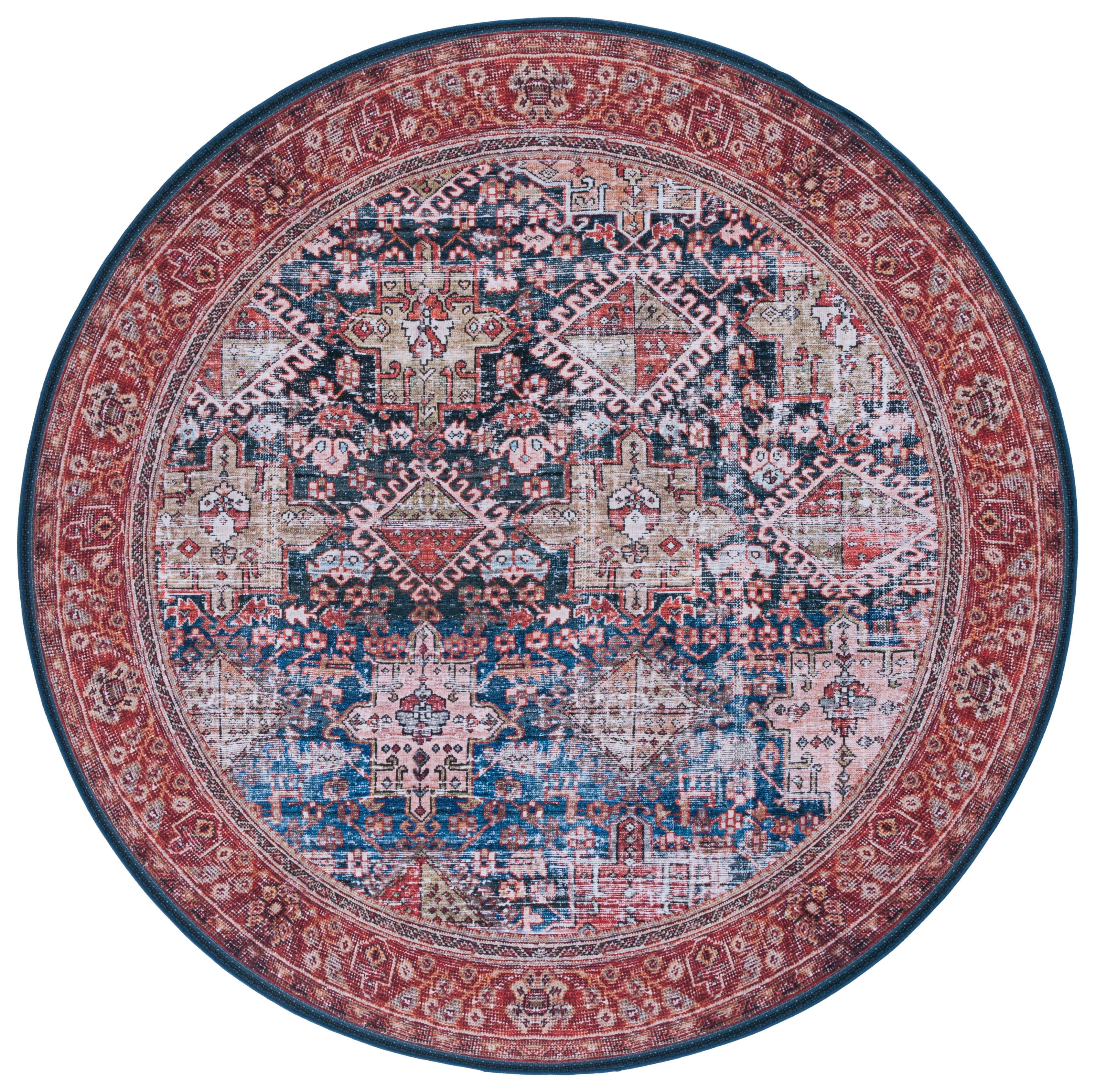 Safavieh Tucson Bronagh Oriental Machine Washable Area Rug, Navy/Rust, 4' x 4' Round