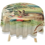 SKYSONIC Easter Eggs Rabbit Round Tablecloth 60inch Indoor Wrinkle Free, Retro Bunny Circular Lace Table Cover Washable for Kitchen Party BBQ Dining Decor