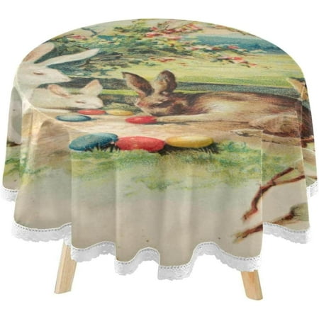 SKYSONIC Easter Eggs Rabbit Round Tablecloth 60inch Indoor Wrinkle Free, Retro Bunny Circular Lace Table Cover Washable for Kitchen Party BBQ Dining Decor