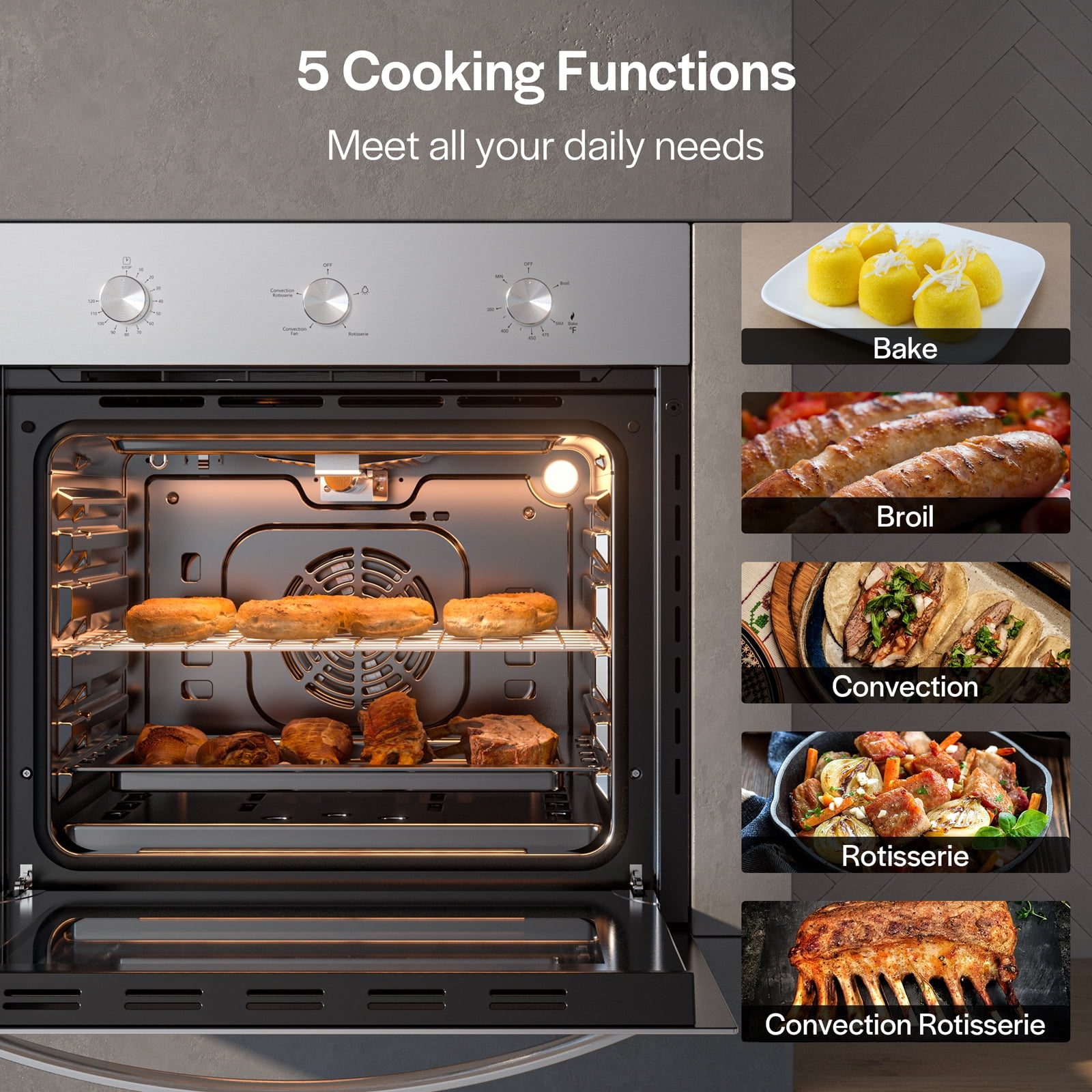 Empava 24 in. 2.3 cu. Ft. Single Gas Wall Oven - Bake Broil Rotisserie Functions with Mechanical Controls - Built-in Timer - Convection Fan in Stainless Steel EMPV-24WO08