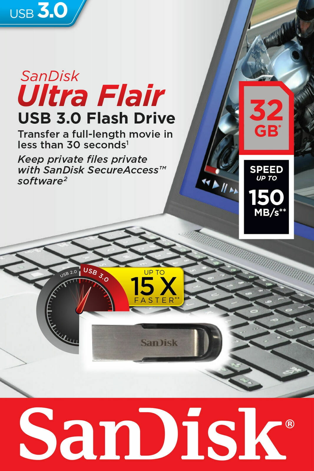 tempereret klasselærer glide SanDisk Ultra Flair USB 3.0 Flash Drive Thumb Stick Memory Pen 32GB  SDCZ73-032G-G46 - Walmart.com