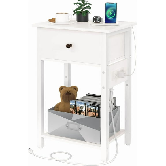 Nightstand with Charging Station, Bedside Tables with Large Drawer and Storage Shelf, Bed Side Table/Night Stand with USB Ports & Outlets, Industrial Side Table End Table for Bedroom, White