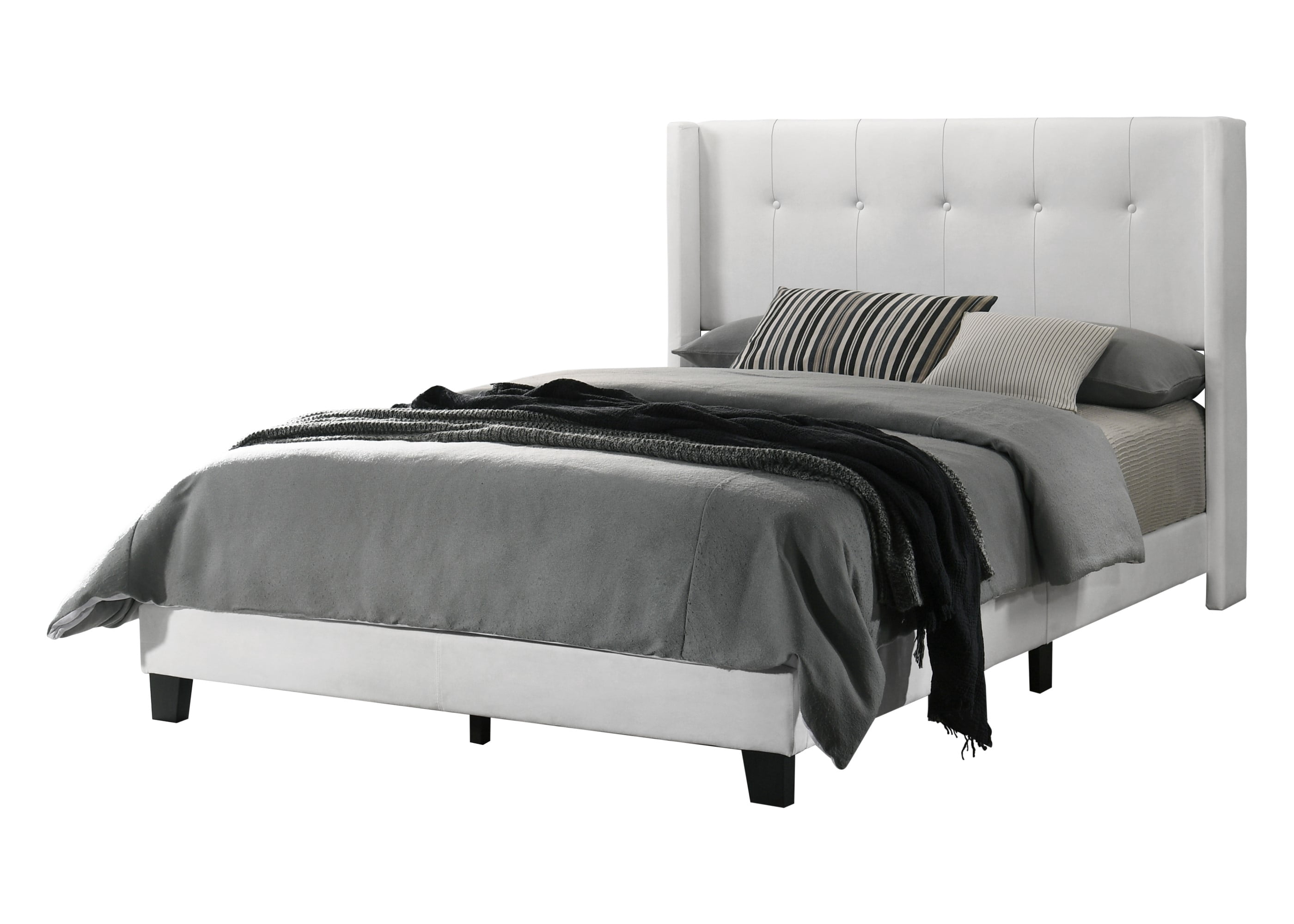 Home Design Evelyn Queen Upholstered Panel Bed Frame with Button Tufting and Wingback Design, White, Easy Assembly