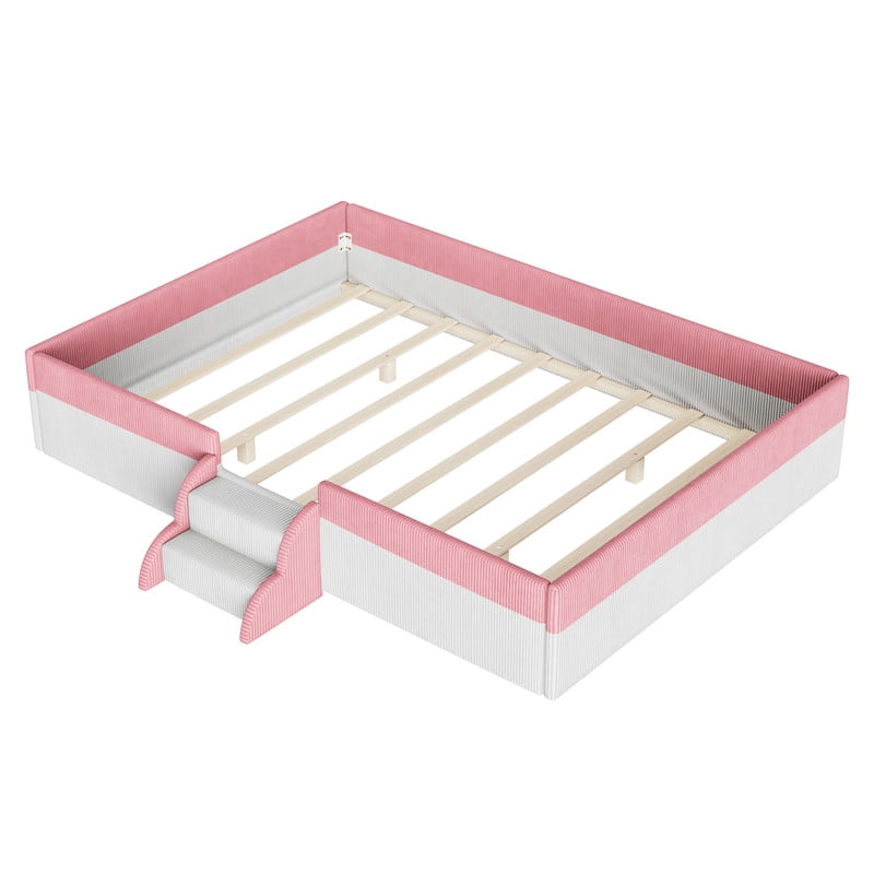 Full Size Corduroy Upholstered Floor Bed Frame with Fence, Kids Low-Profile Platform Bed with 2-Tier Steps & Smart LED Lights
