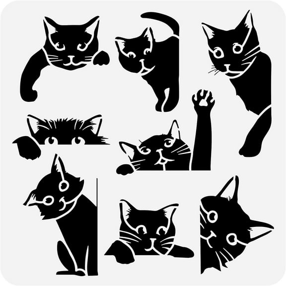 1 pc Black Cat Painting Stencil 11.8x11.8inch Large Cute Cats Stencil for Painting Square Peeping Cat Border Drawing Template Decorative Animal Theme Stencil for Home Wall Tile Floor Decor