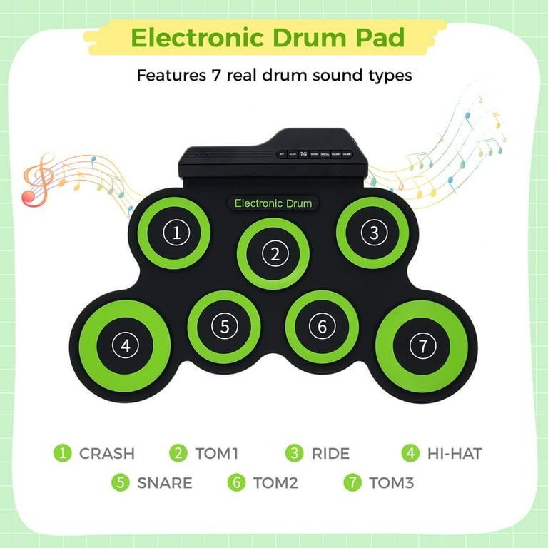 Electronic Drum Pad Kit 7 Pads Roll Up Drum Set with 3.5mm Headphone Jack 2 Foot Pedals USB Battery Powered Drum Practice Pad Gift for Kids