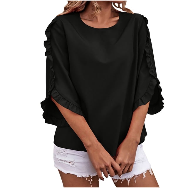 Amzcrzy Hauts pour Femmes Tendance à Volants Manches 3/4 Blouses Printemps Été Couleur Unie Col Rond T-Shirts pour Femmes Décontractés Amples Confortables pour Sortir
