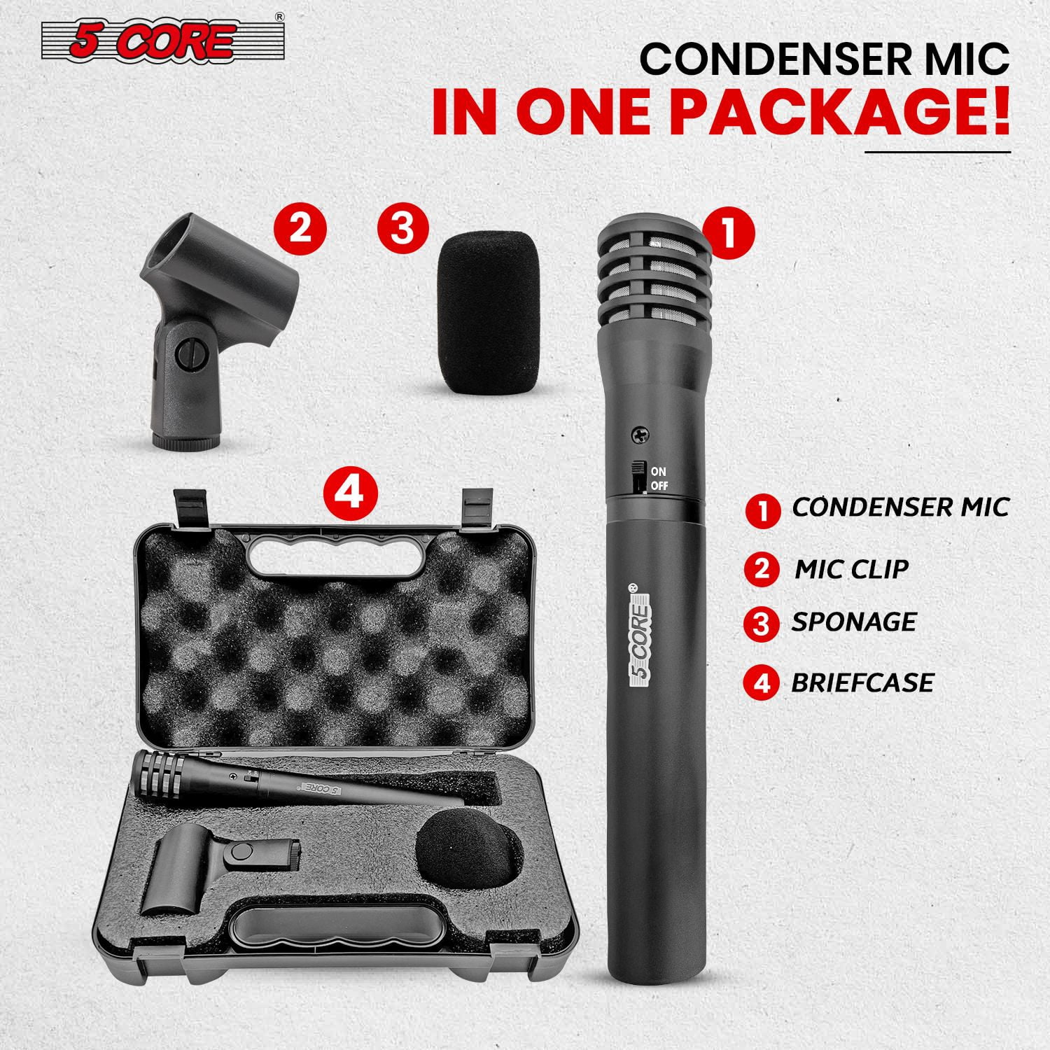 Professional Instrument Microphone Pencil Mic Condenser Cardioid Unidirectional Stick Microfono with Windscreen Mic Clip & Case -Black