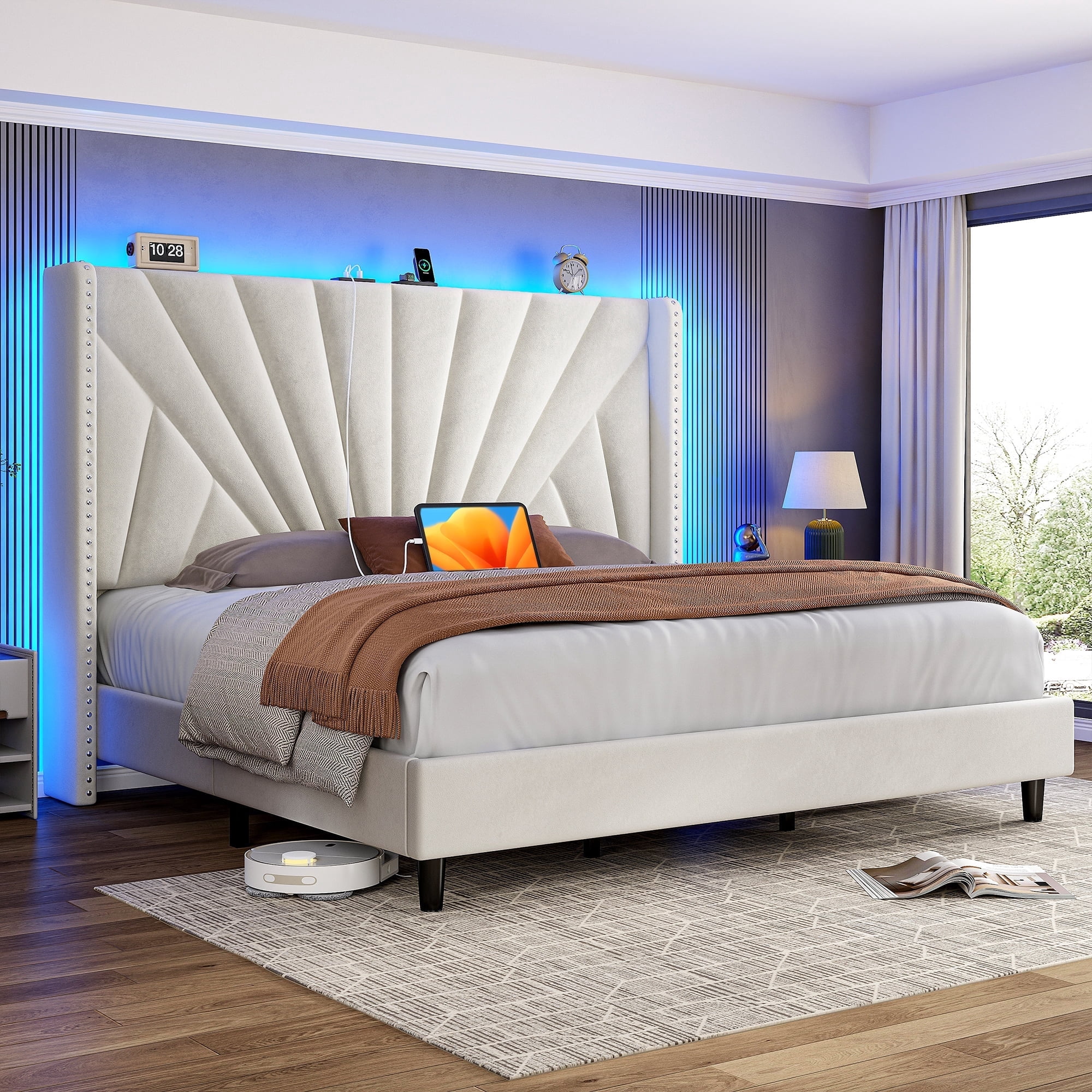 EnHomee Queen Bed Frame with 51"Tall Headboard Upholstered Queen Size Bed Frame with LED Lights & Charge Station, Beige No Box Spring Needed, Noise Free
