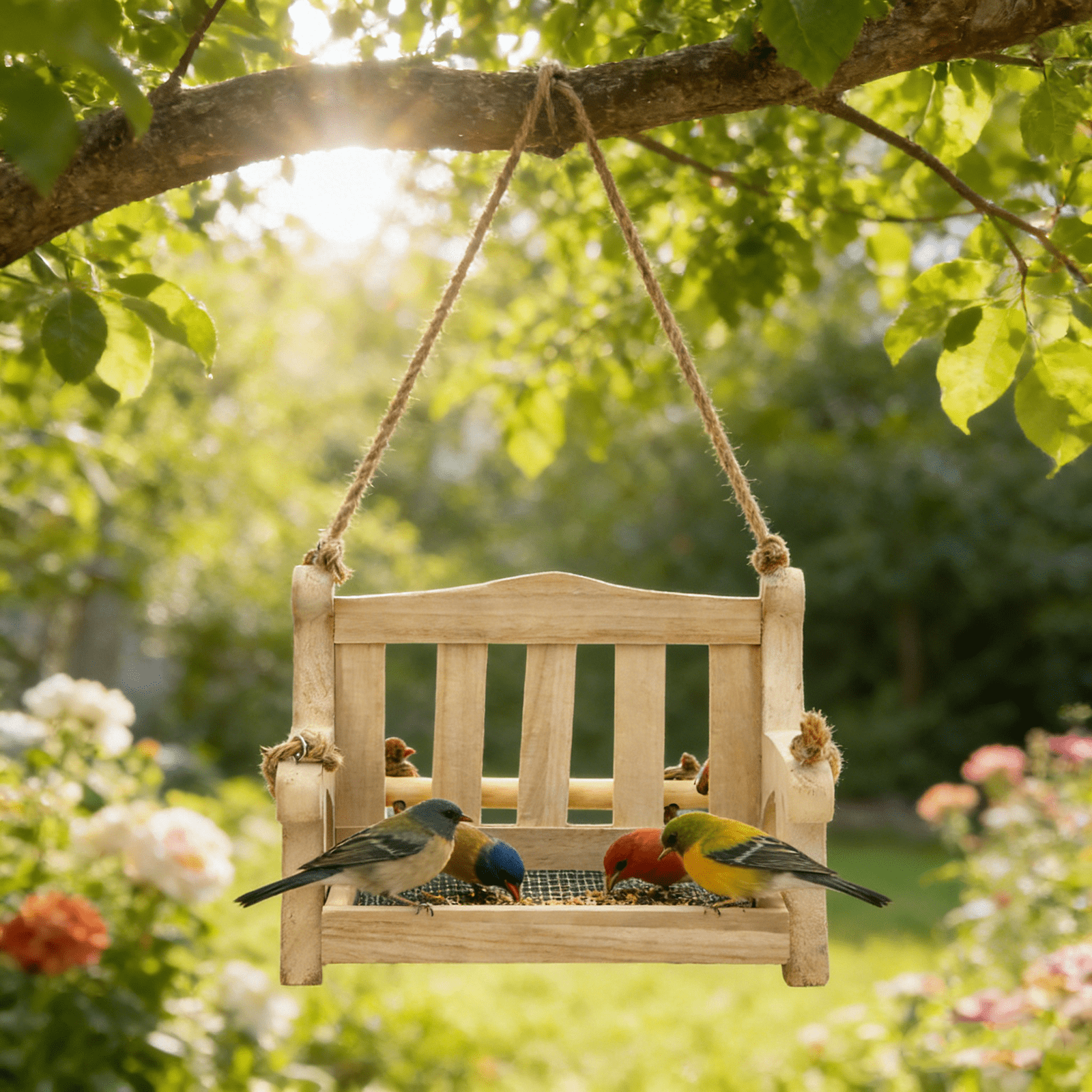 Outdoor Swing Bird Feeder Wood Bench Shaped Bird Feeder for Garden Patio Yard Outdoor Decor