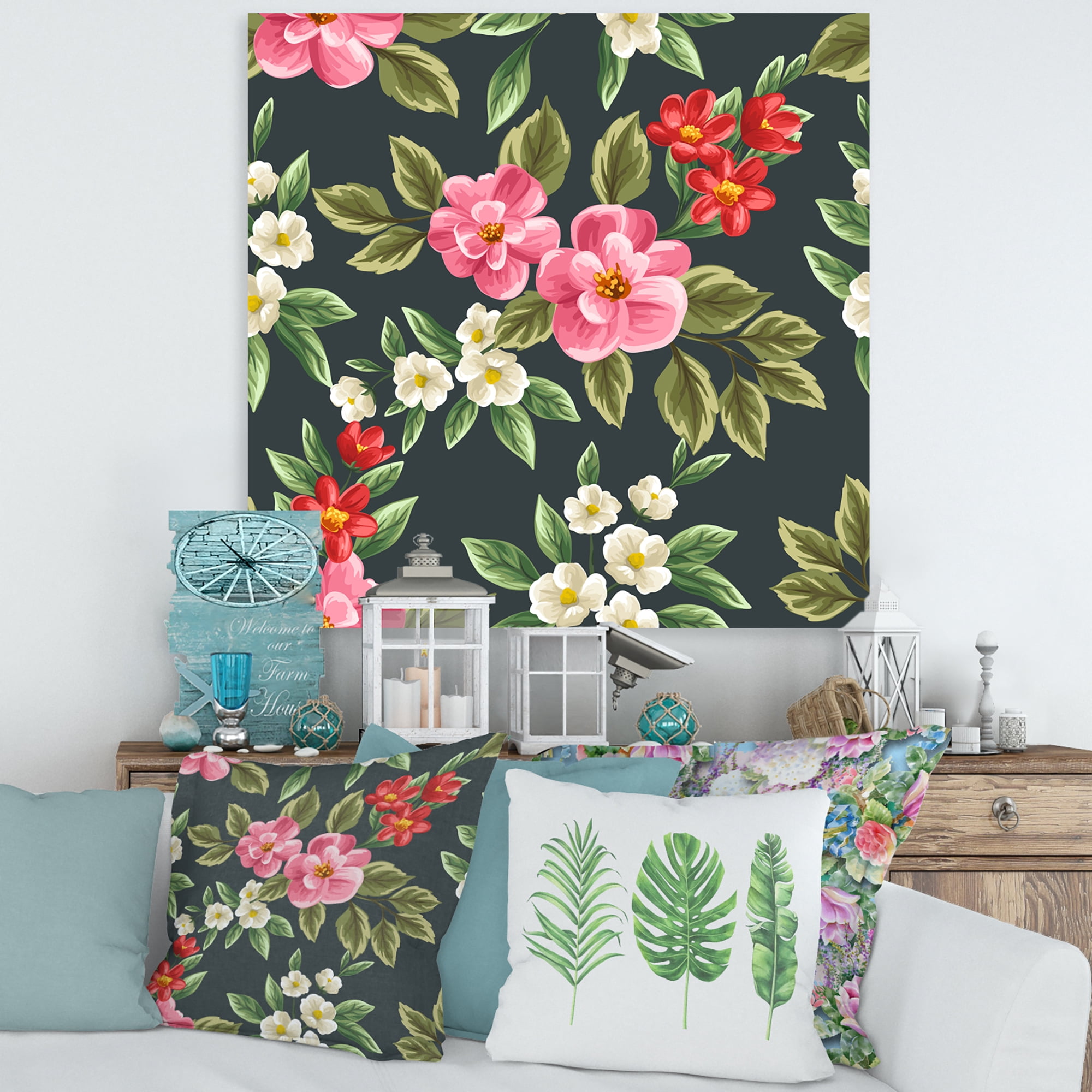 Designart ' Vintage Red and Pink Wildflowers II ' Traditional Canvas Wall Art Print