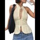 thumbnail image 1 of Blusa de Verano para Mujer, Sin Mangas, con Cuello Halter, Aberturas y Lazo, con Espalda Descubierta, Ideal para Salir. Caqui M, 1 of 9
