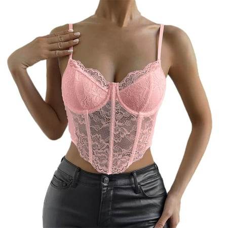 Clearance! Delayuji Womens Tees and Tanks Women s Floral Lace Mesh Corset Vest Spaghetti Strap Tops Going Out Slim-Fit Camisole Xs Pink