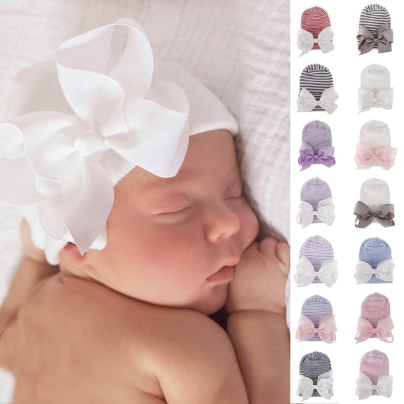 Aihuaihua Newborn Baby Hospital Hat Bow Knot Soft Stretchy for Infant Boys Girls