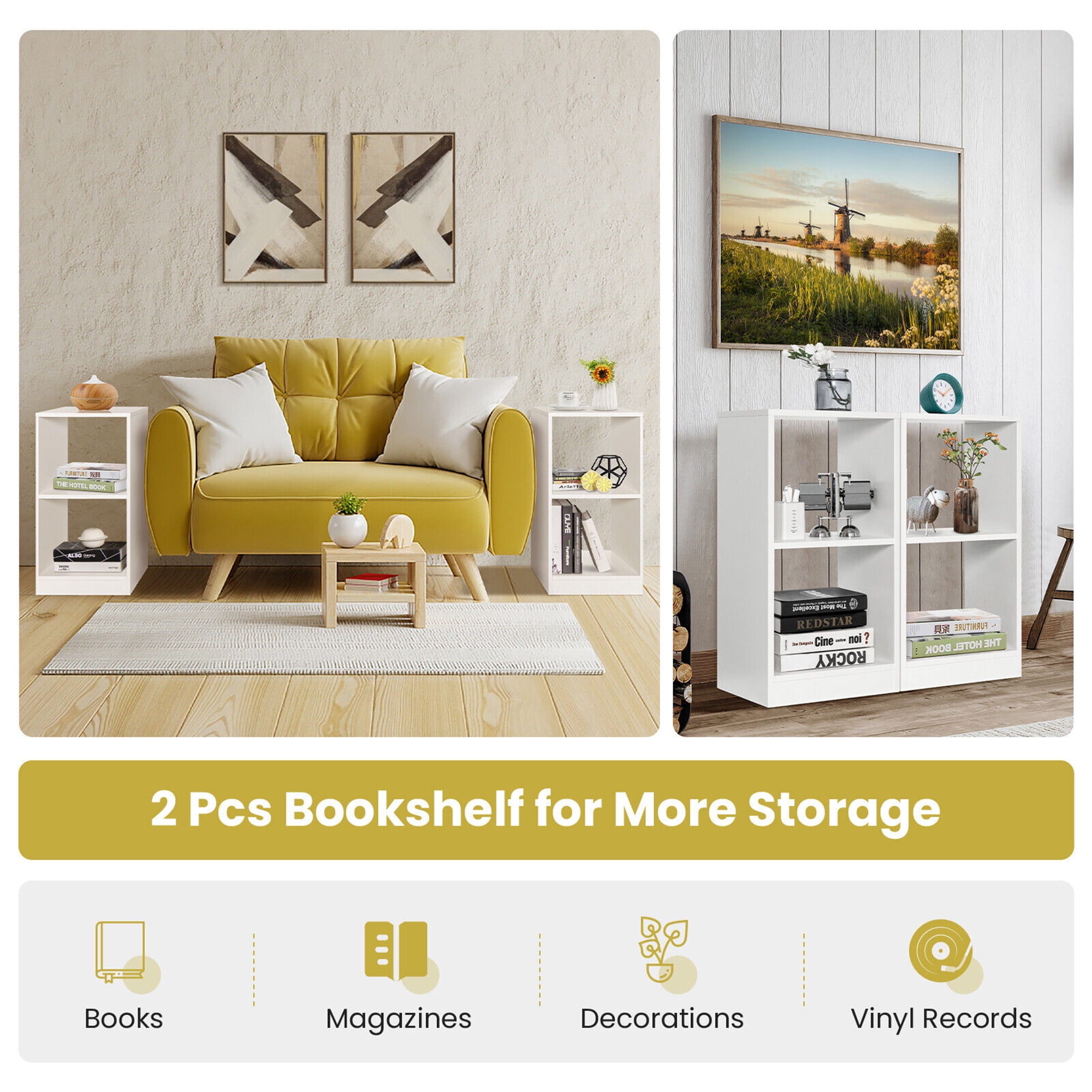 Gymax 2 PCS Bookshelf 2-Tier Open Wood Display Organizer Set Vinyl Record Cube Storage
