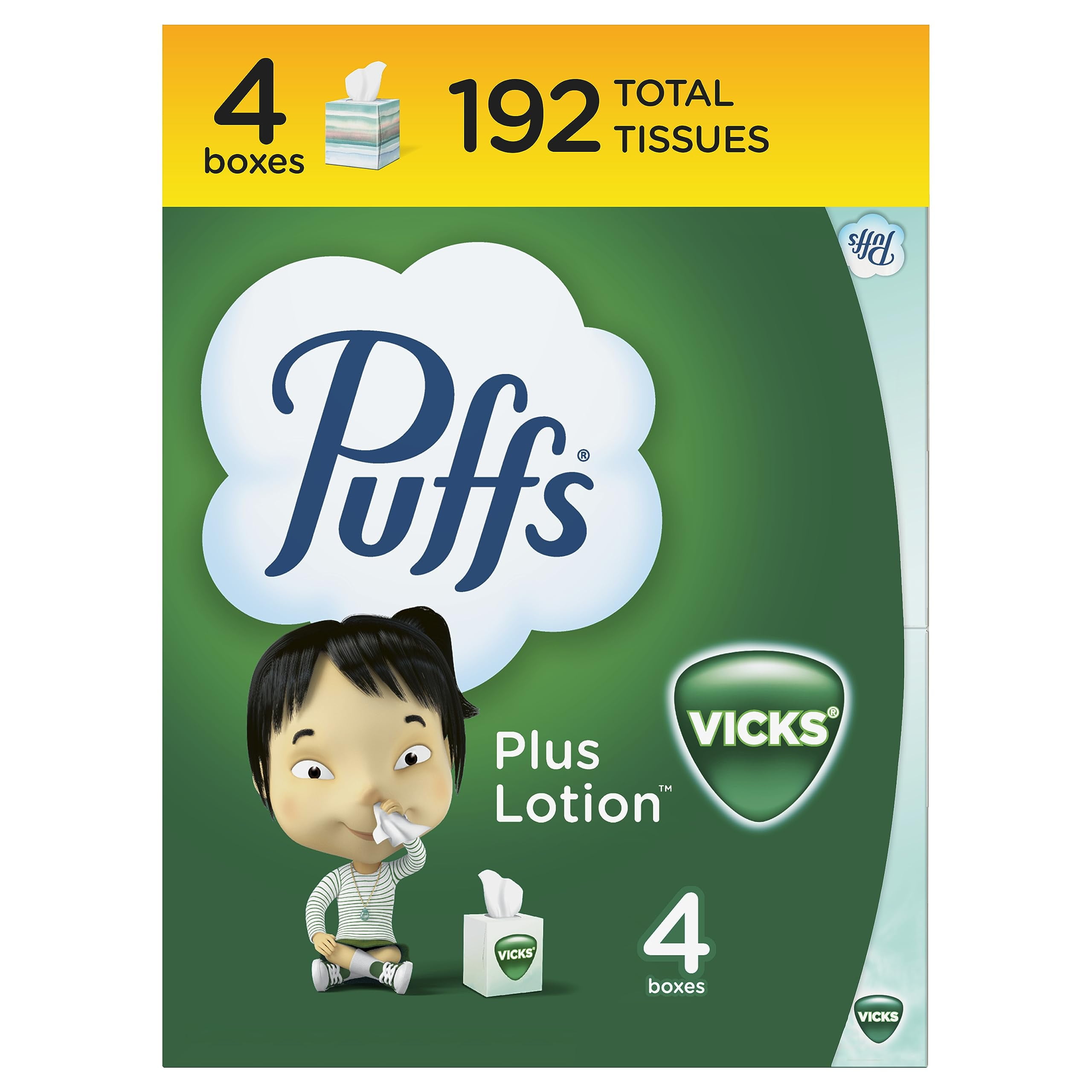 Puffs Plus Lotion, Vicks Scented Facial Tissues, White, 4 Puffs Plus Lotion, Vicks Scented Facial Tissues, White, 4