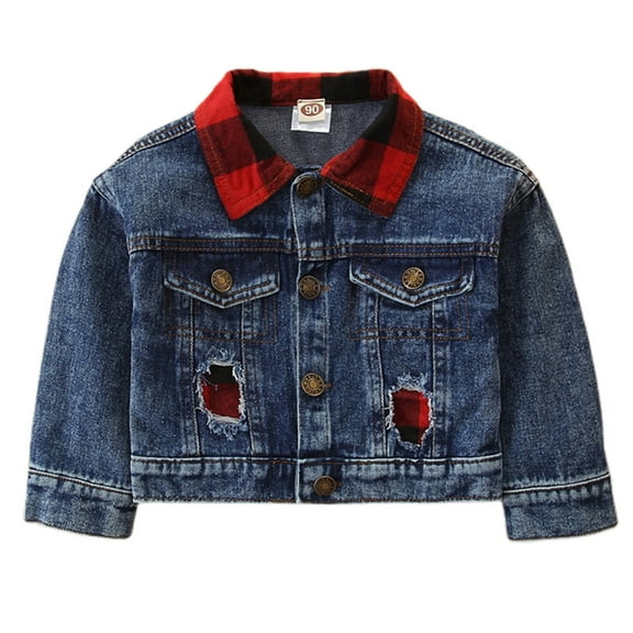 Lkhaha 2025 Girls Jacket Plaid Print Ripped Patchwork Button Lapel Denim Jean Jackets Size 2-3 Years