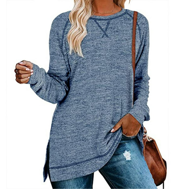 Women Round Neck Long Sleeves Color Block Tunic Shirt 